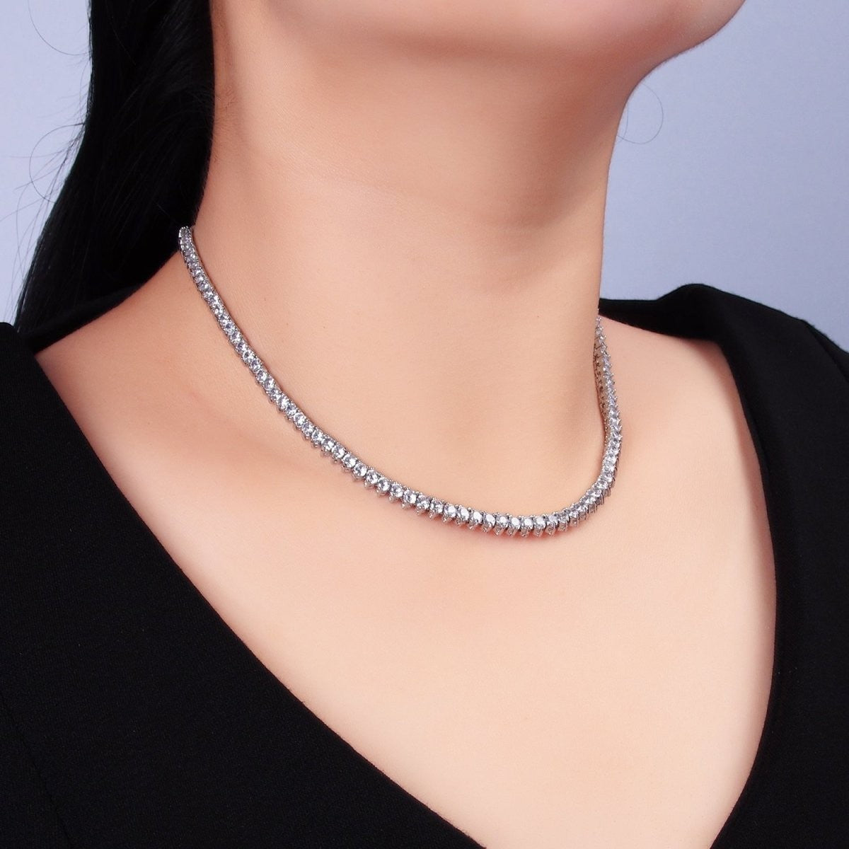 Stunning White Gold Filled 4.2mm Clear CZ Three-Prong Tennis 16 Inch Necklace