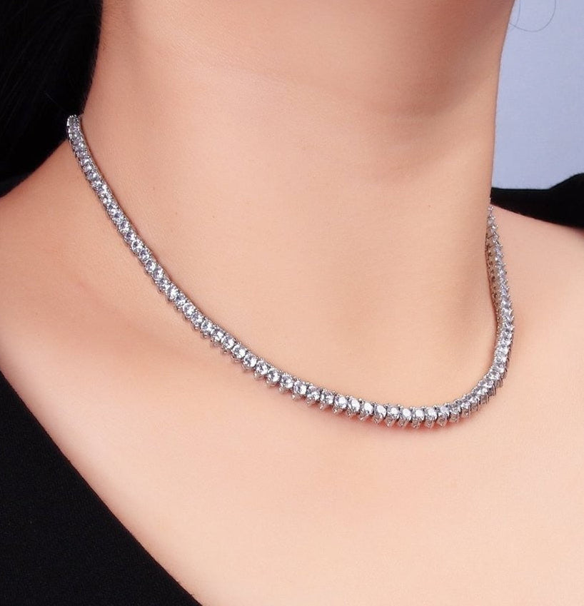 Stunning White Gold Filled 4.2mm Clear CZ Three-Prong Tennis 16 Inch Necklace