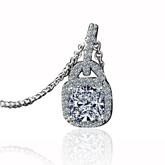 Cushion Square Cubic Zirconia Jeweled Bail Halo Sterling Silver Pendant Necklace
