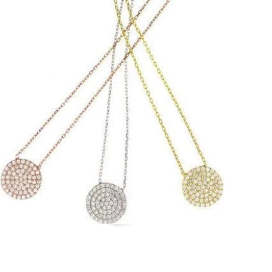 Round Disc Cubic Zirconia Pave' Pendant Necklace Sterling Silver