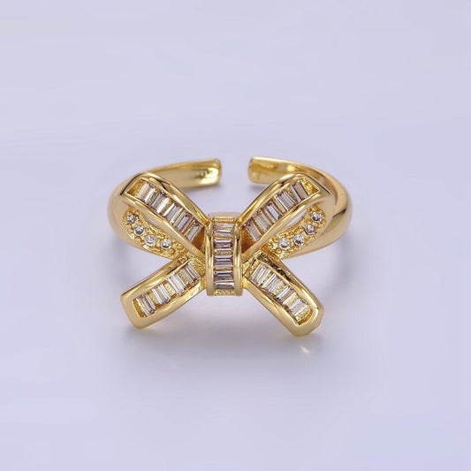 Beautiful 14K Gold-Filled Baguette Micro Pave Ribbon Bow Ring