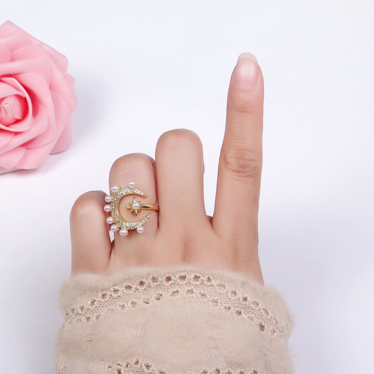 14K Gold Filled Celestial Crescent Moon Star Micro Pave CZ Pearl Ring