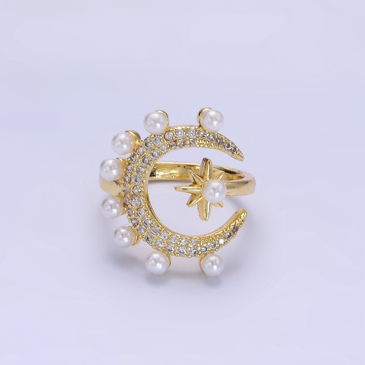 14K Gold Filled Celestial Crescent Moon Star Micro Pave CZ Pearl Ring
