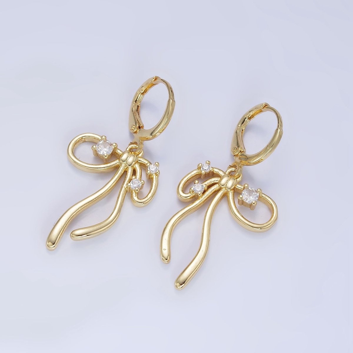 Everyday Gold-Filled CZ Coquette Ribbon Tied Bow Drop Huggie Earrings