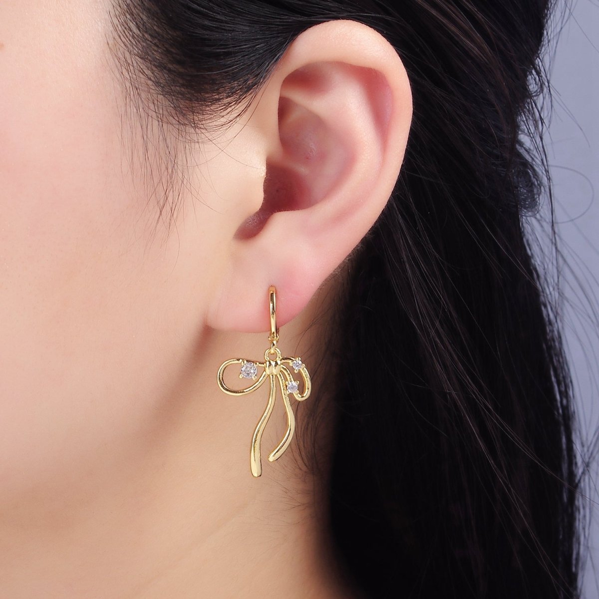 Everyday Gold-Filled CZ Coquette Ribbon Tied Bow Drop Huggie Earrings