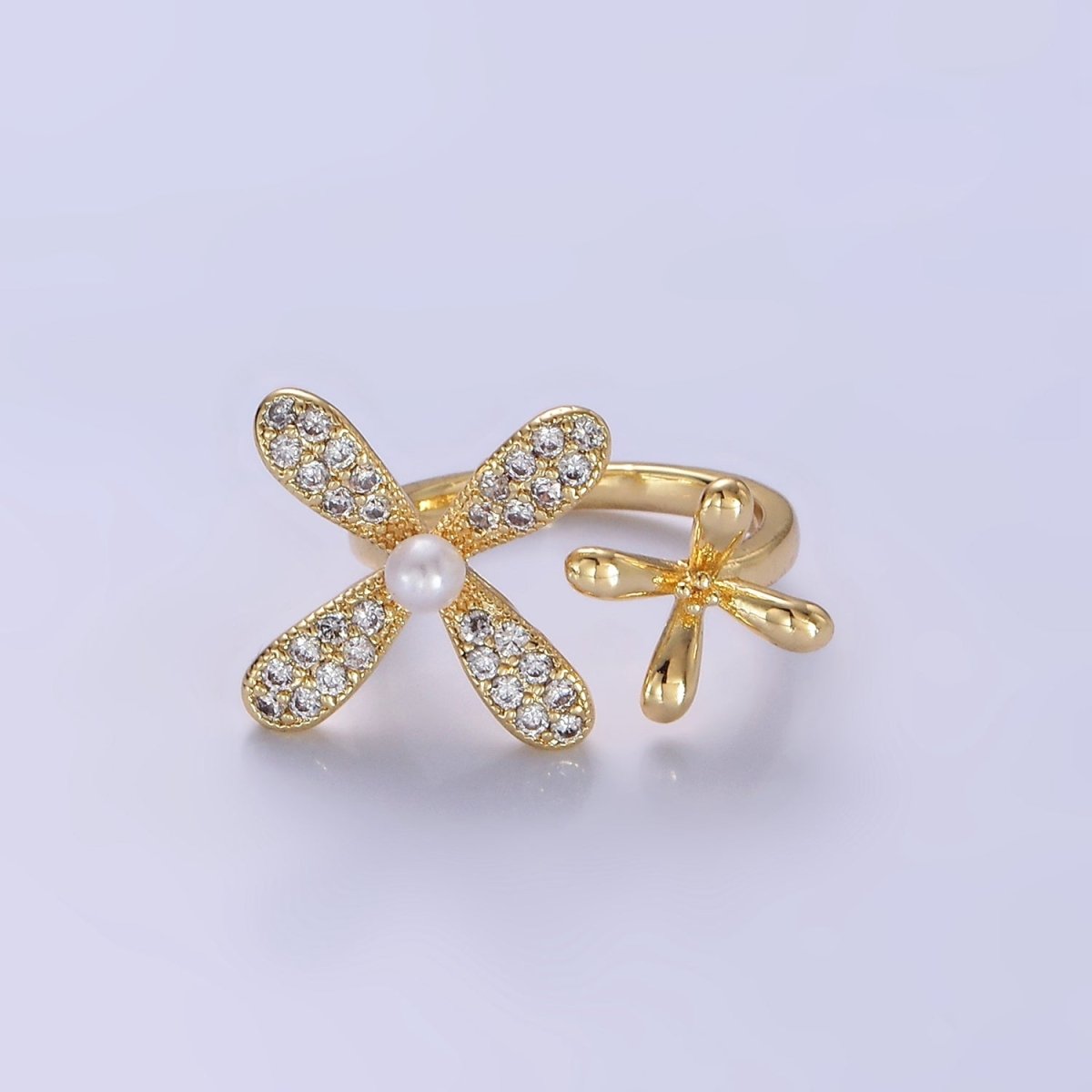 Sweet 14K Gold Filled Double Flower Pearl Micro Pave Wrap Ring