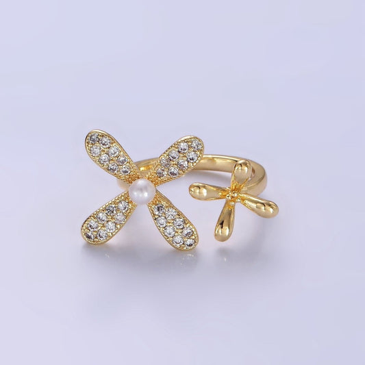 Sweet 14K Gold Filled Double Flower Pearl Micro Pave Wrap Ring