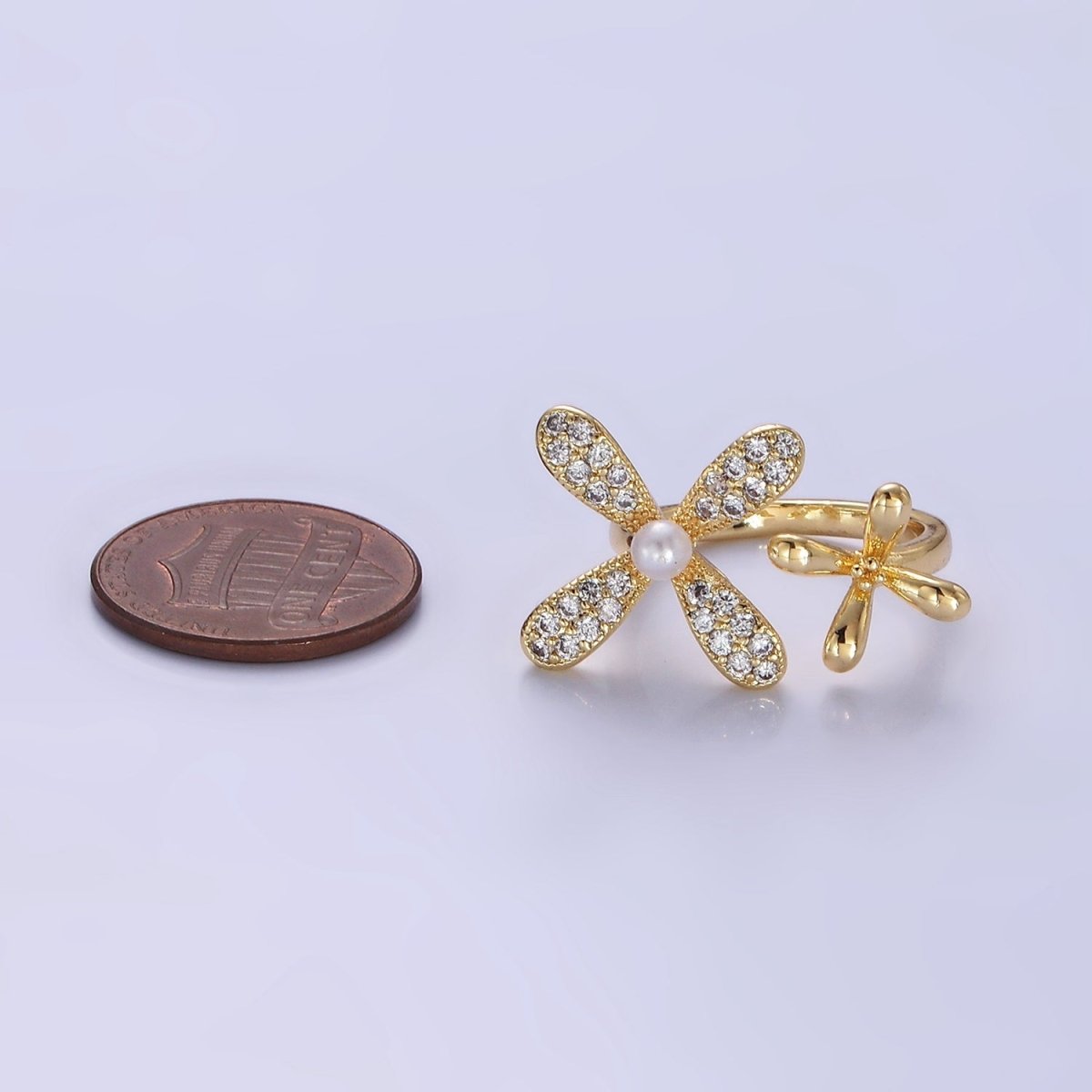 Sweet 14K Gold Filled Double Flower Pearl Micro Pave Wrap Ring