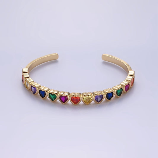 14K Gold Filled Multicolor, Clear CZ Heart Cuff Bracelet