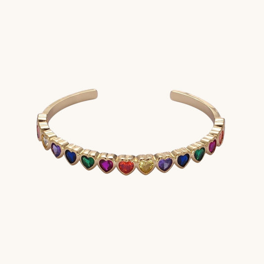 14K Gold Filled Multicolor, Clear CZ Heart Cuff Bracelet