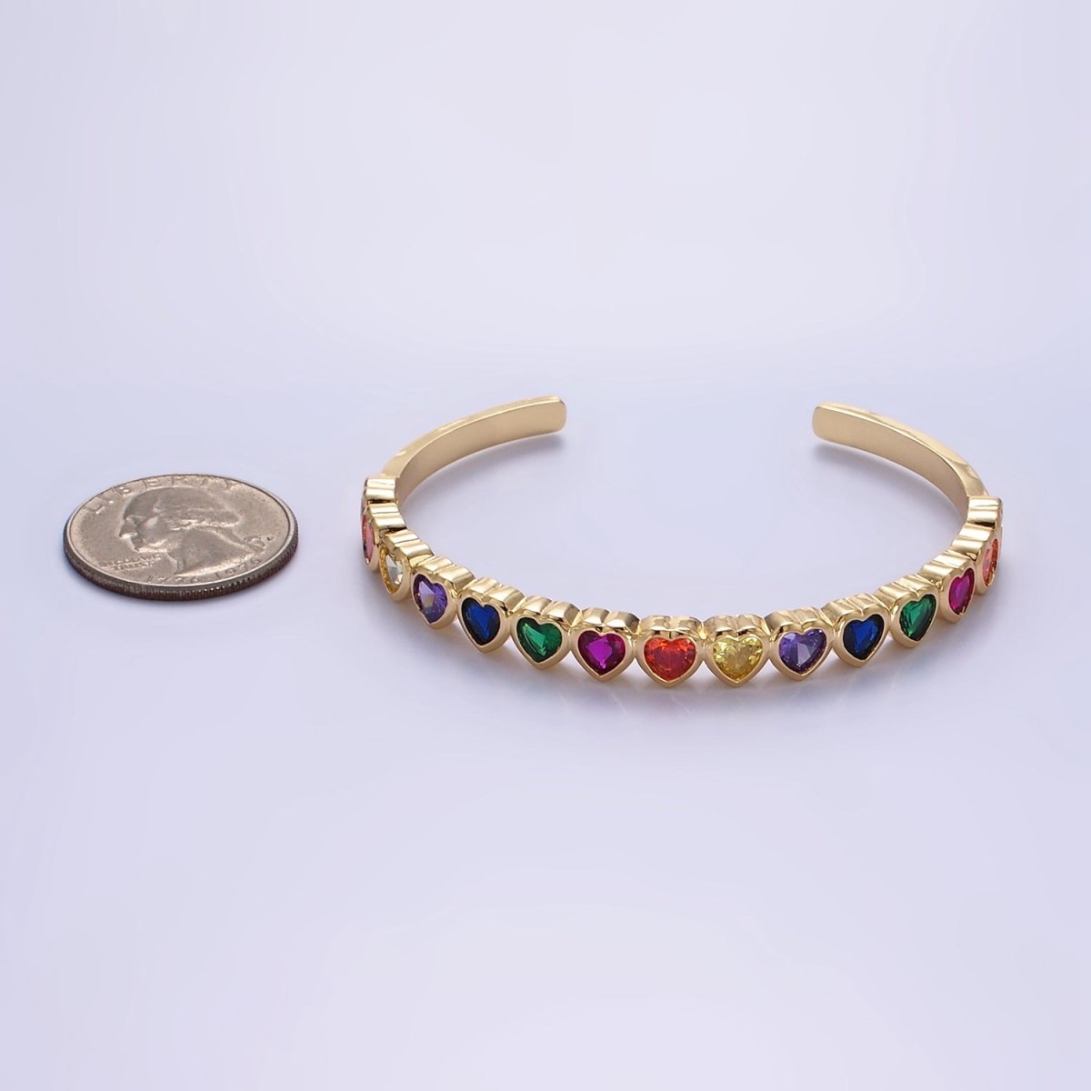 14K Gold Filled Multicolor, Clear CZ Heart Cuff Bracelet
