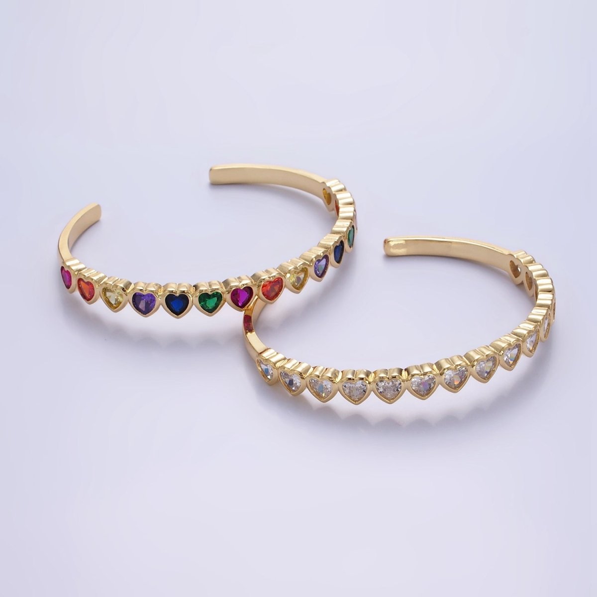 14K Gold Filled Multicolor, Clear CZ Heart Cuff Bracelet
