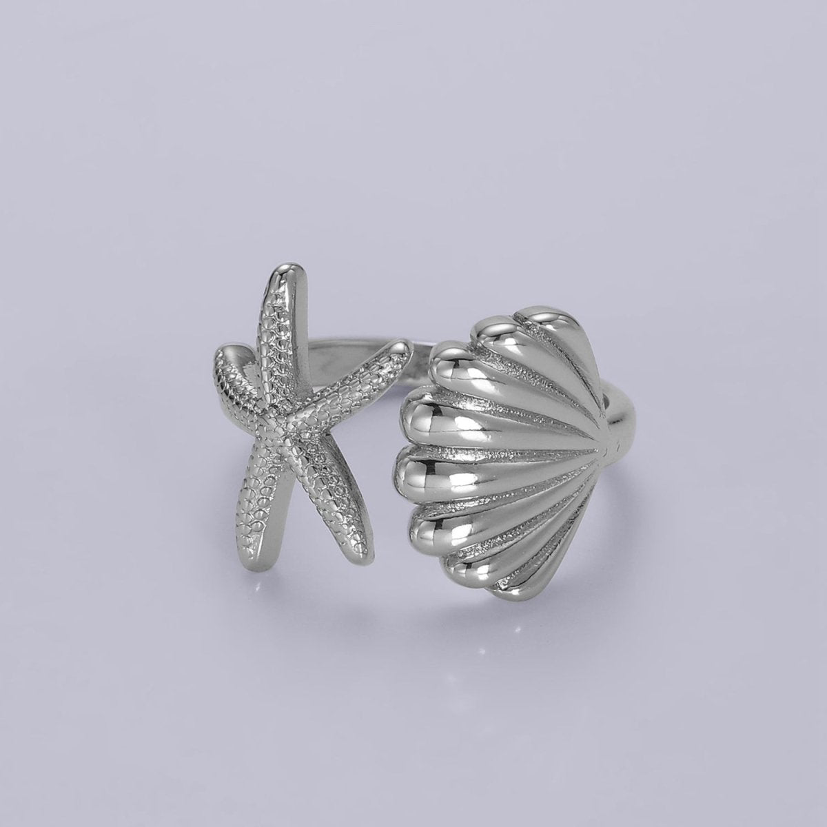 14K Gold Filled Ocean Starfish Clam Seashell Open Wrap Ring in Gold & Silver