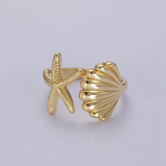 14K Gold Filled Ocean Starfish Clam Seashell Open Wrap Ring in Gold & Silver