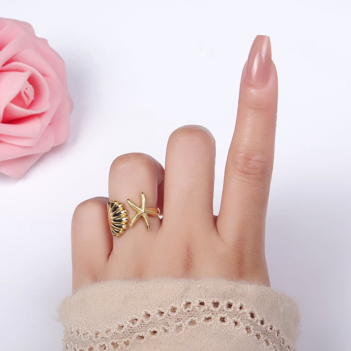 14K Gold Filled Ocean Starfish Clam Seashell Open Wrap Ring in Gold & Silver