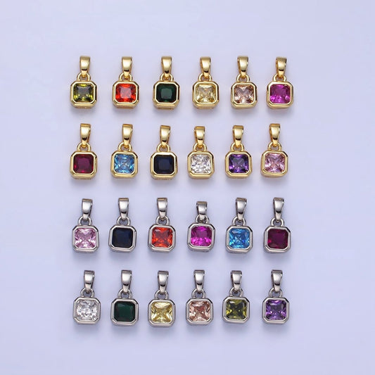 Dainty 14K Gold-Filled Birthstone CZ Square Edged 9mm x 6mm Bezel Pendant in Gold or Silver