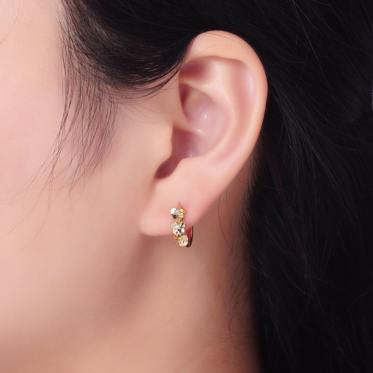 Dainty 14K Gold Filled Triple Flower CZ Cartilage Huggie Earrings