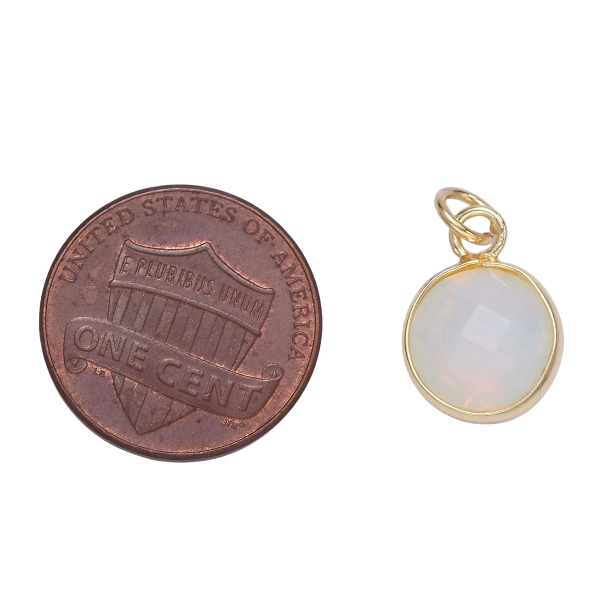 14K Gold Filled White Iridescent Opal Bezel Round Charm