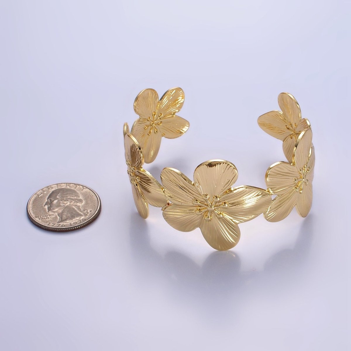 16K Gold Filled 50mm Flower Textured Wide Cuff Bracelet