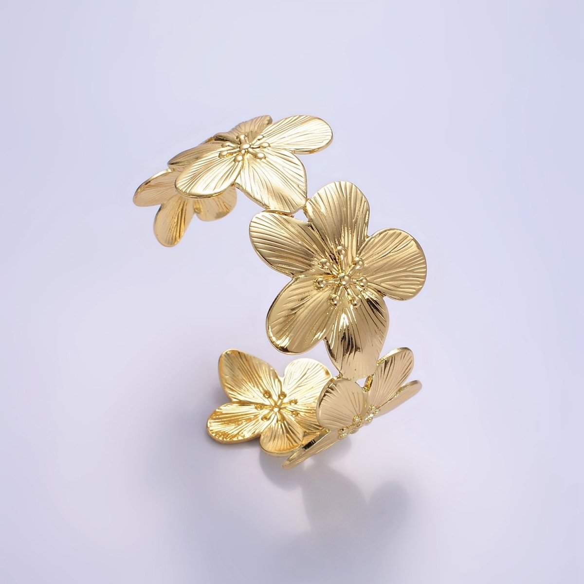 16K Gold Filled 50mm Flower Textured Wide Cuff Bracelet