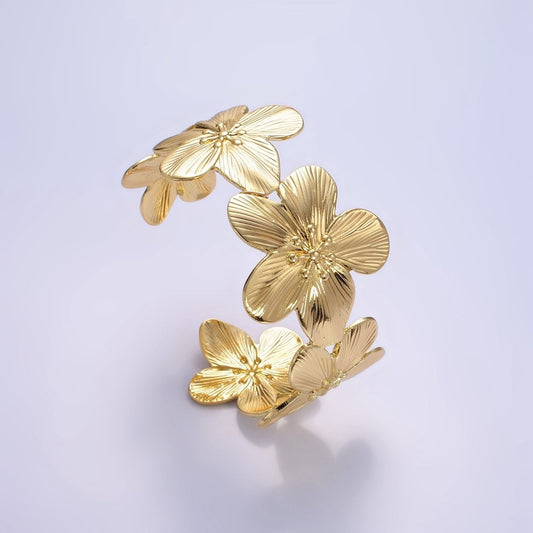 16K Gold Filled 50mm Flower Textured Wide Cuff Bracelet