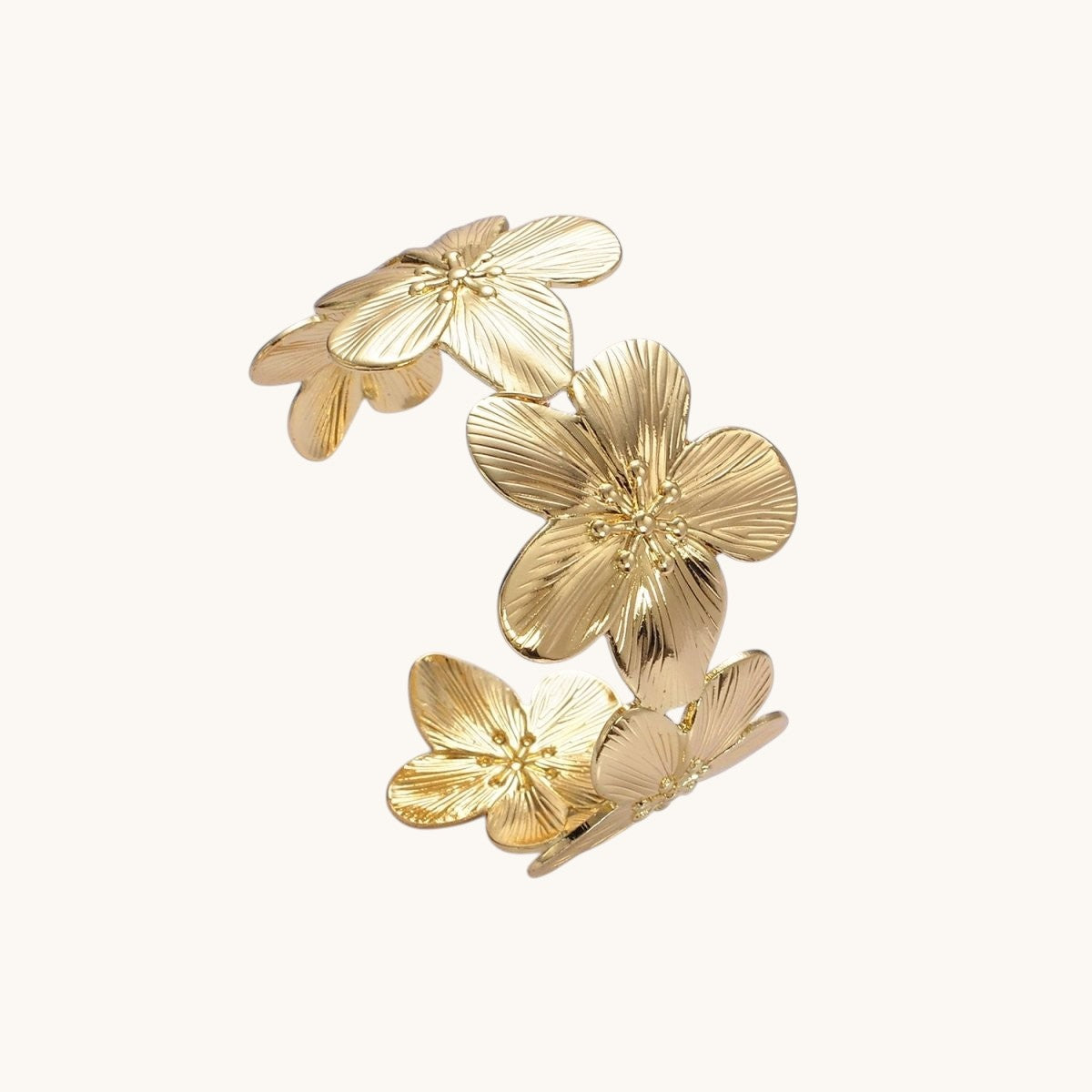 16K Gold Filled 50mm Flower Textured Wide Cuff Bracelet