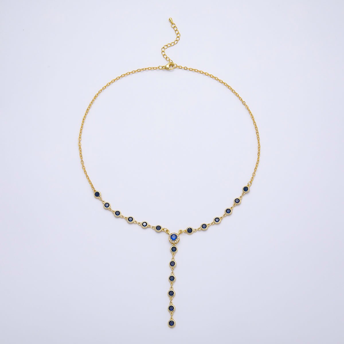 Gorgeous Gold Filled 6mm Blue Round Bezel Micro Pave CZ Lariat Cable Chain 17 Inch Necklace