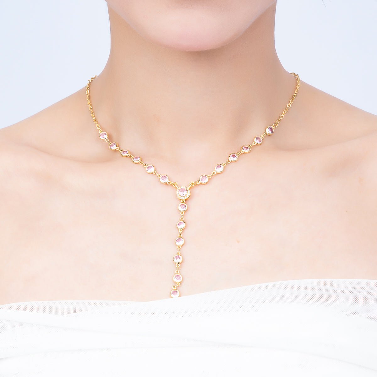 Beautiful Gold Filled 6mm Pink Round Bezel Micro Paved CZ Lariat Cable Chain 17 Inch Necklace
