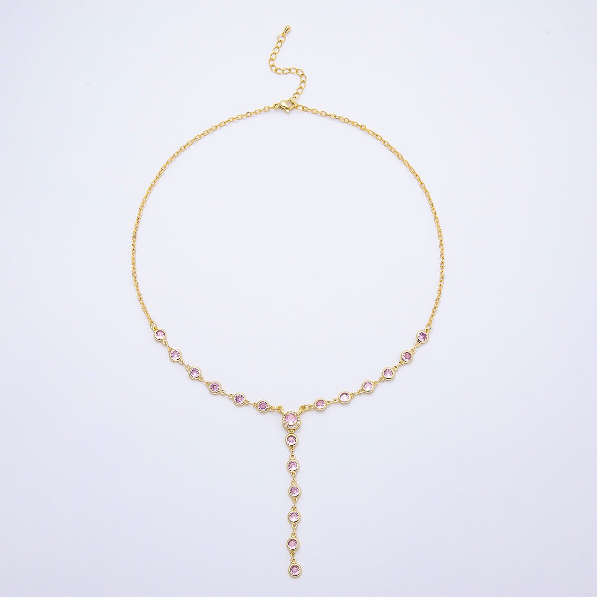 Beautiful Gold Filled 6mm Pink Round Bezel Micro Paved CZ Lariat Cable Chain 17 Inch Necklace