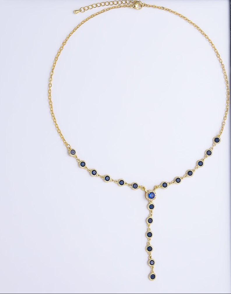 Gorgeous Gold Filled 6mm Blue Round Bezel Micro Pave CZ Lariat Cable Chain 17 Inch Necklace