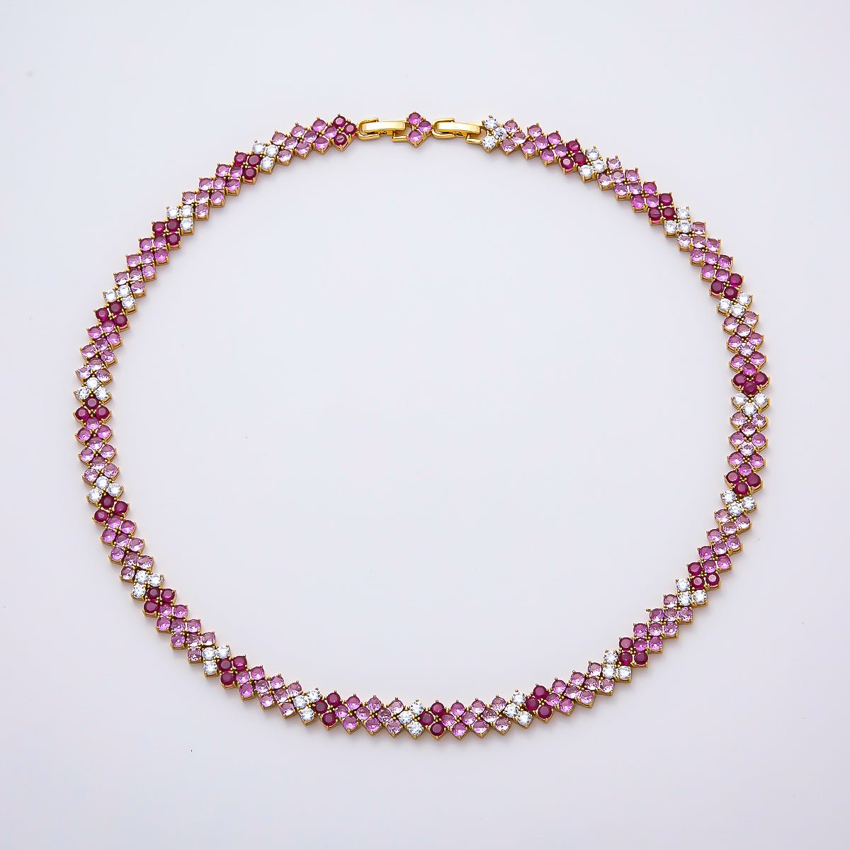 Gorgeous Gold Filled 8.7mm Pink Clear Gradient Motif Panther Tennis Chain 17 Inch Adjustable Necklace