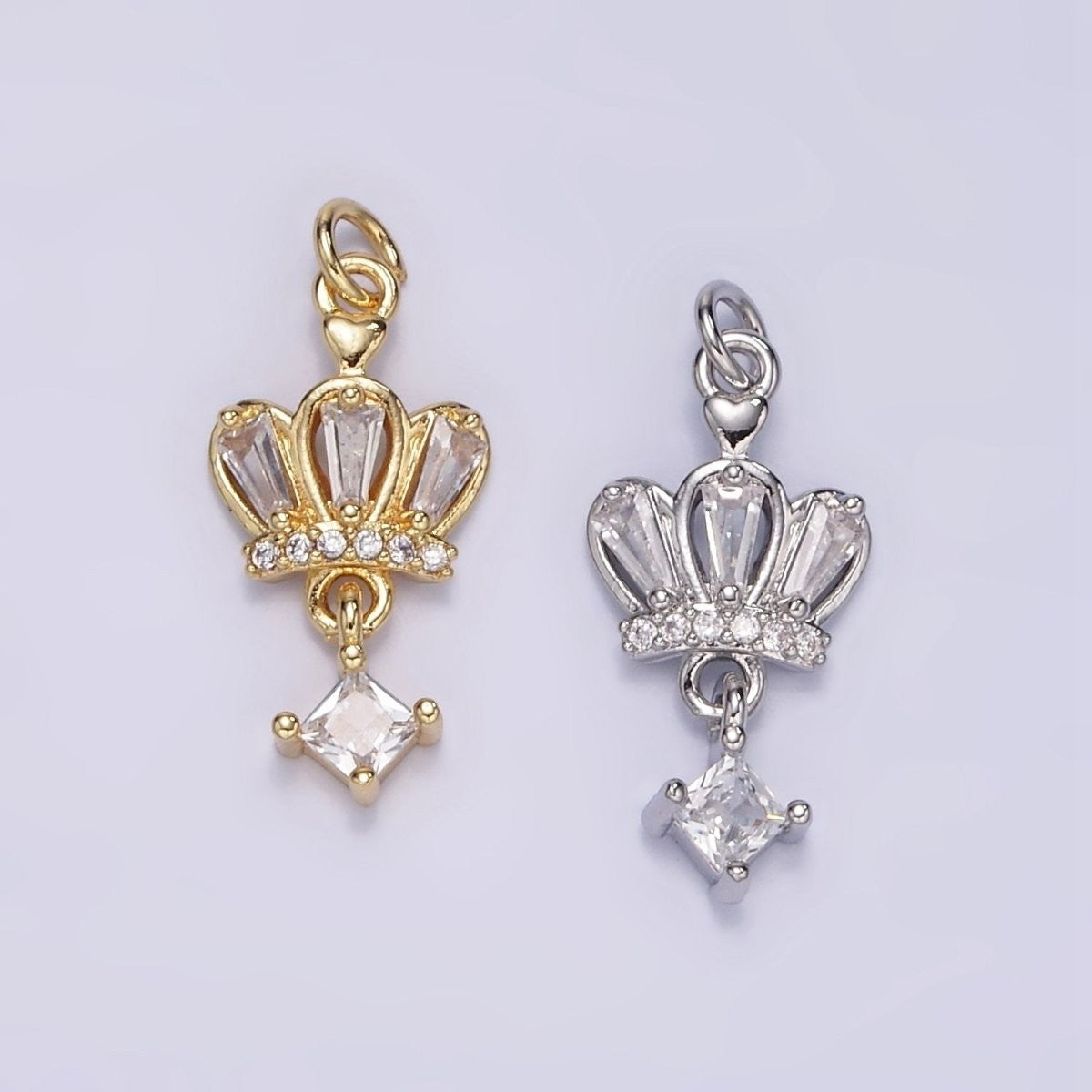 16K Gold Filled 20mm x 15mm CZ Rhombus Baguette Drop Royal Crown Charm in Gold & Silver
