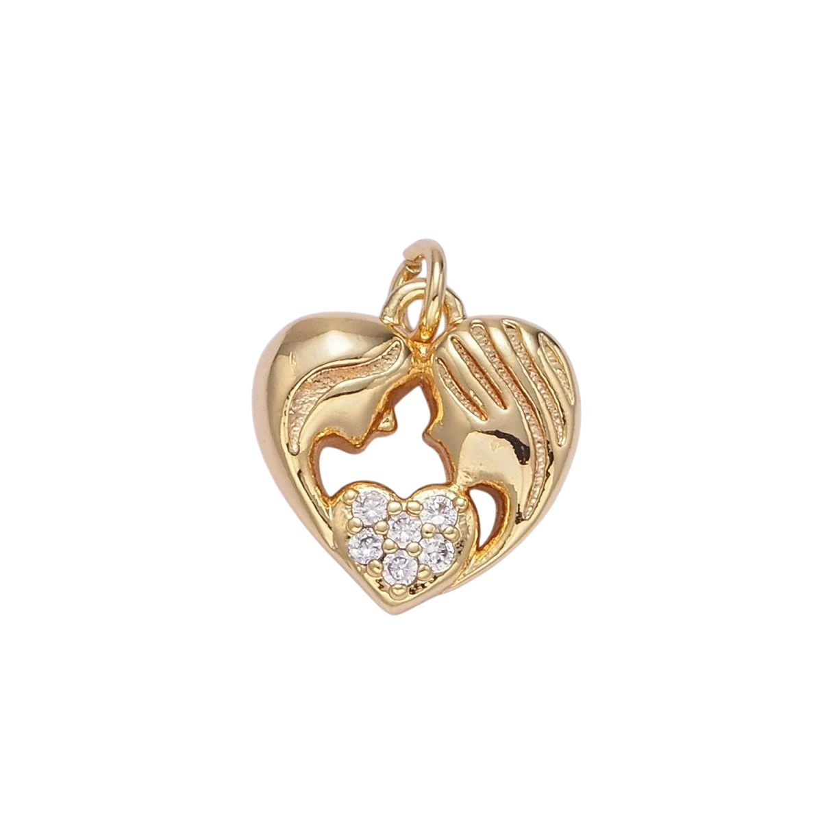 24K Gold Filled Micro Paved 12mm x 12mm Mother-Daughter Portrait Silhouette Heart Charm