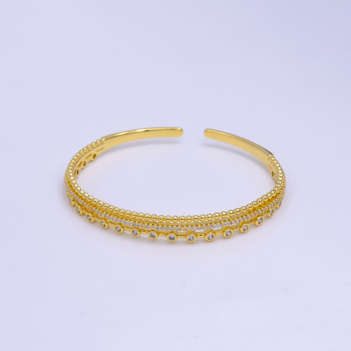 16K Gold Filled Triple Band Bubble CZ Micro Paved Cuff Bracelet