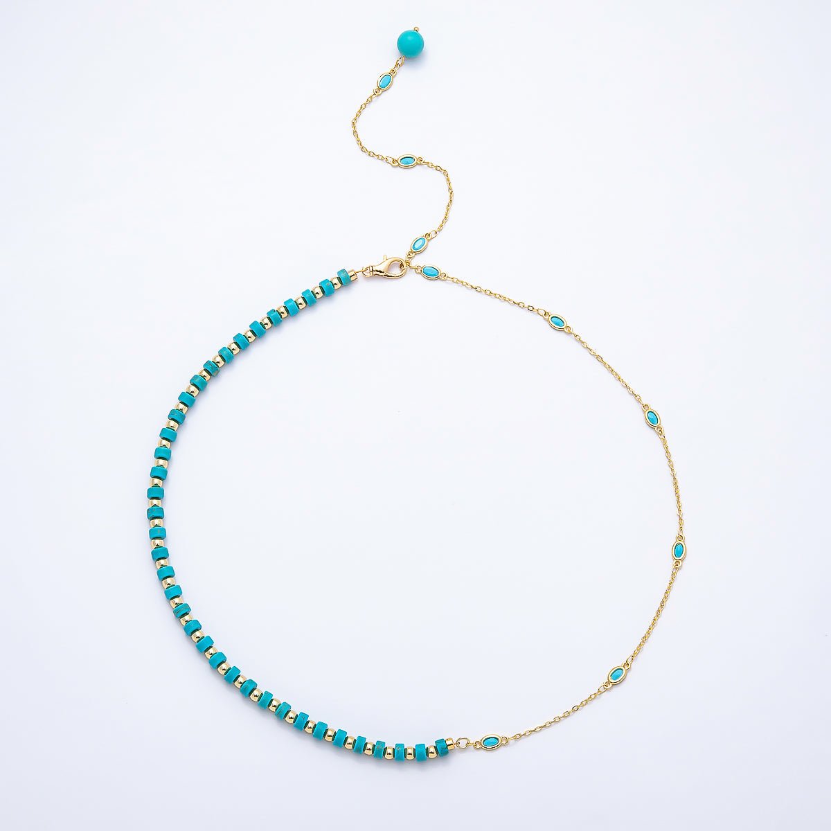 18K Gold Filled 3.5mm Turquoise Tube Rondelle Bezel Half Cable Gemstone Lariat Floating Chain 19 Inch Necklace