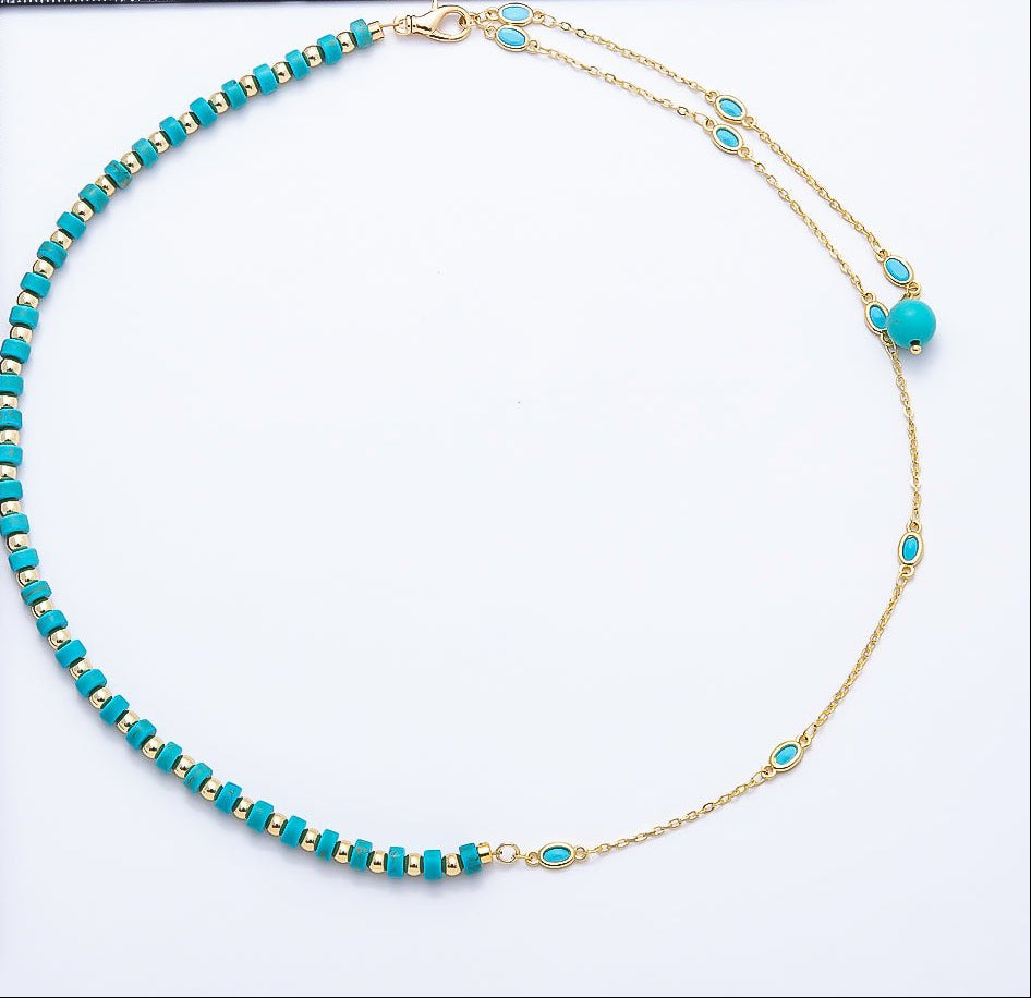 18K Gold Filled 3.5mm Turquoise Tube Rondelle Bezel Half Cable Gemstone Lariat Floating Chain 19 Inch Necklace