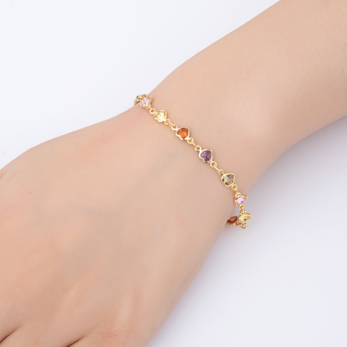 Dainty Gold Filled Clear, Multicolor, Red CZ Heart or Star Sideway or Straight 7 Inch Bracelet