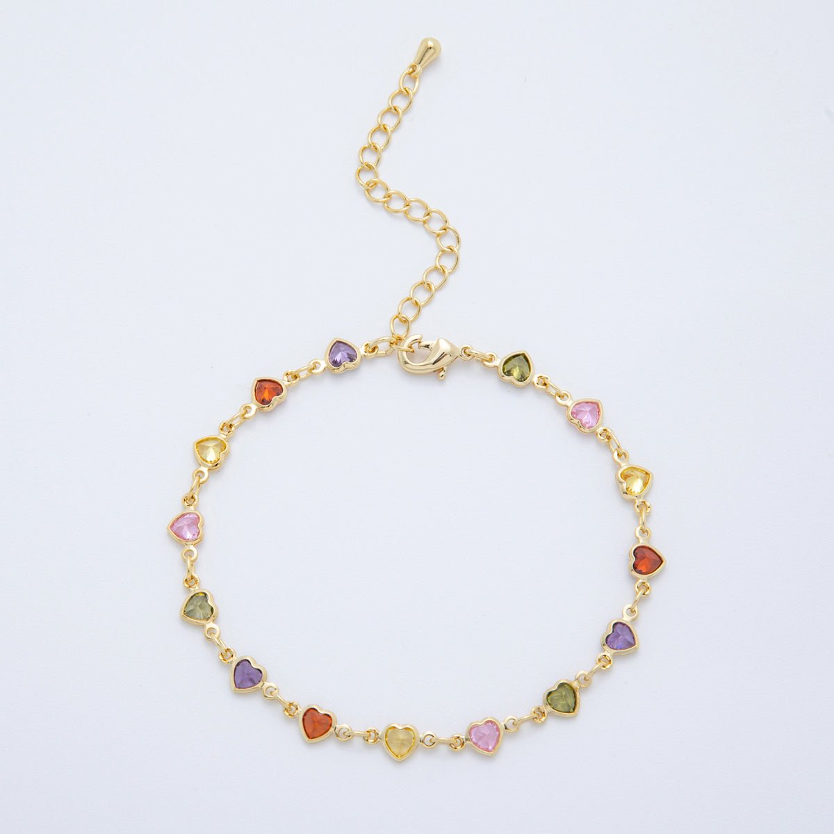 Dainty Gold Filled Clear, Multicolor, Red CZ Heart or Star Sideway or Straight 7 Inch Bracelet