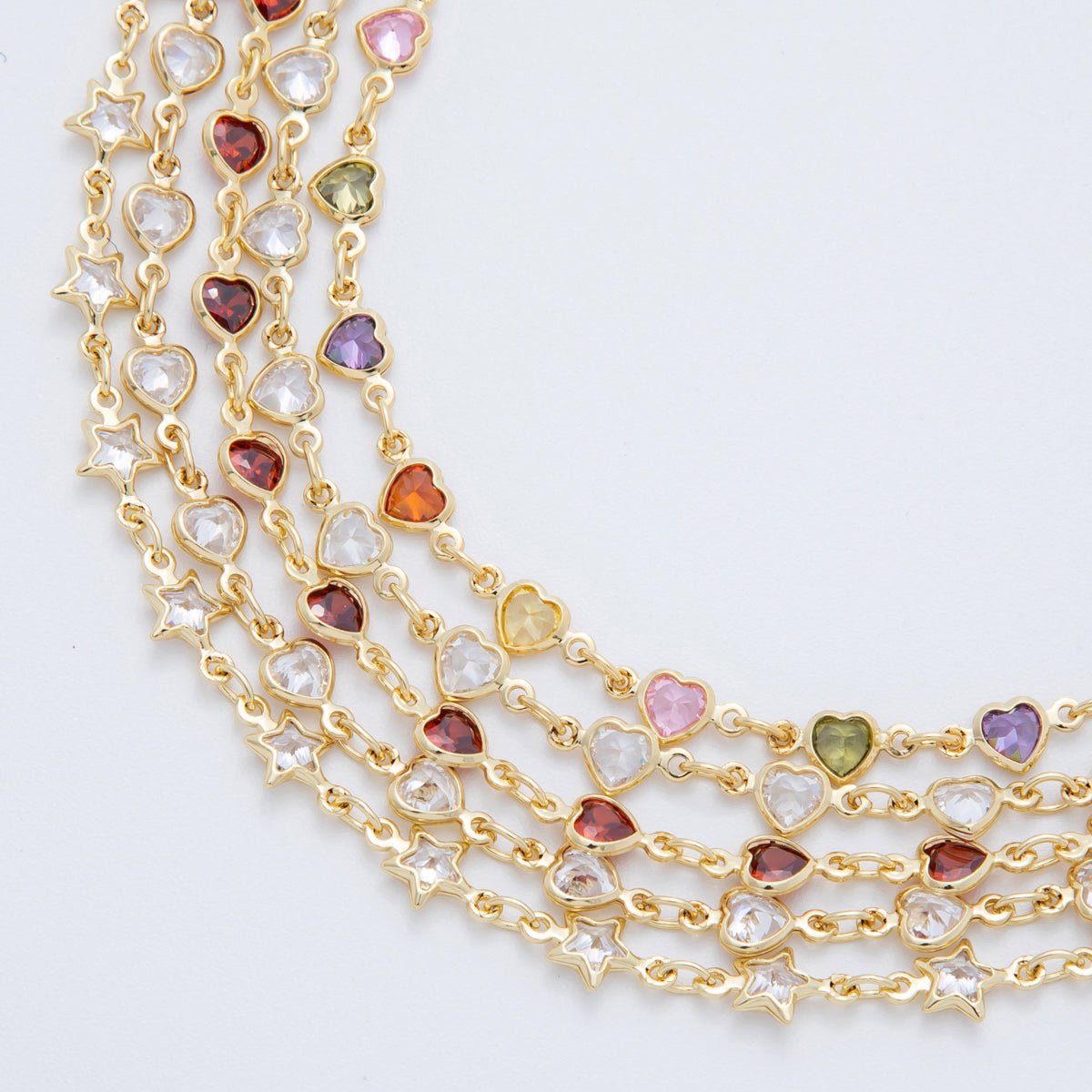 Dainty Gold Filled Clear, Multicolor, Red CZ Heart or Star Sideway or Straight 7 Inch Bracelet