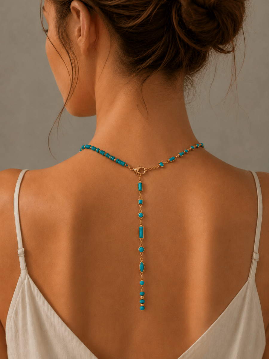 Beautiful 18K Gold Filled Floating Turquoise Multi Cut Rondelle Bezel Half Gemstone Lariat Chain 19 Inch Necklace