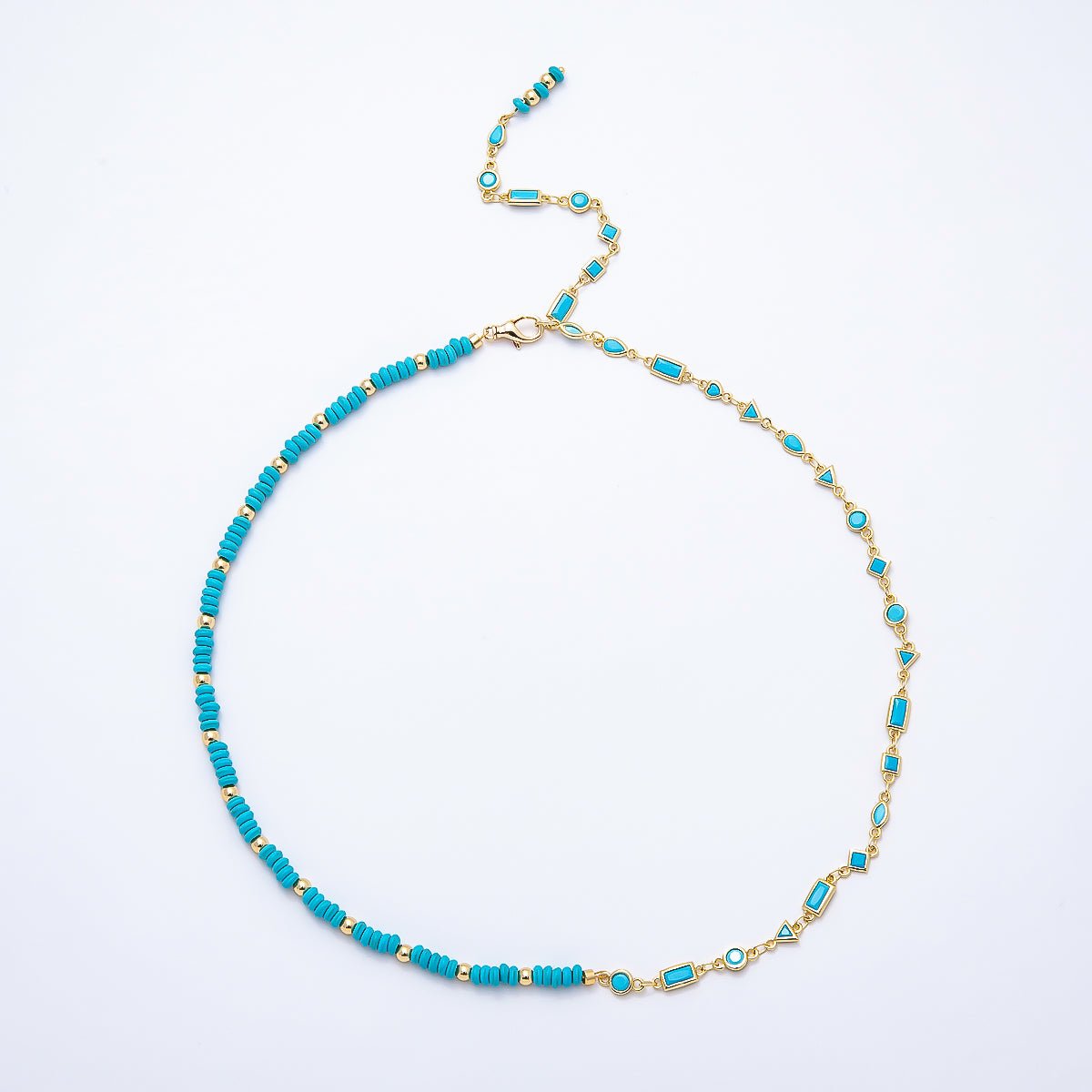 Beautiful 18K Gold Filled Floating Turquoise Multi Cut Rondelle Bezel Half Gemstone Lariat Chain 19 Inch Necklace