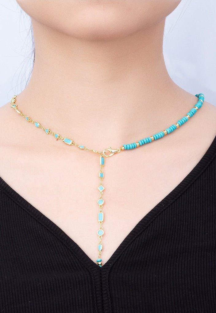 Beautiful 18K Gold Filled Floating Turquoise Multi Cut Rondelle Bezel Half Gemstone Lariat Chain 19 Inch Necklace