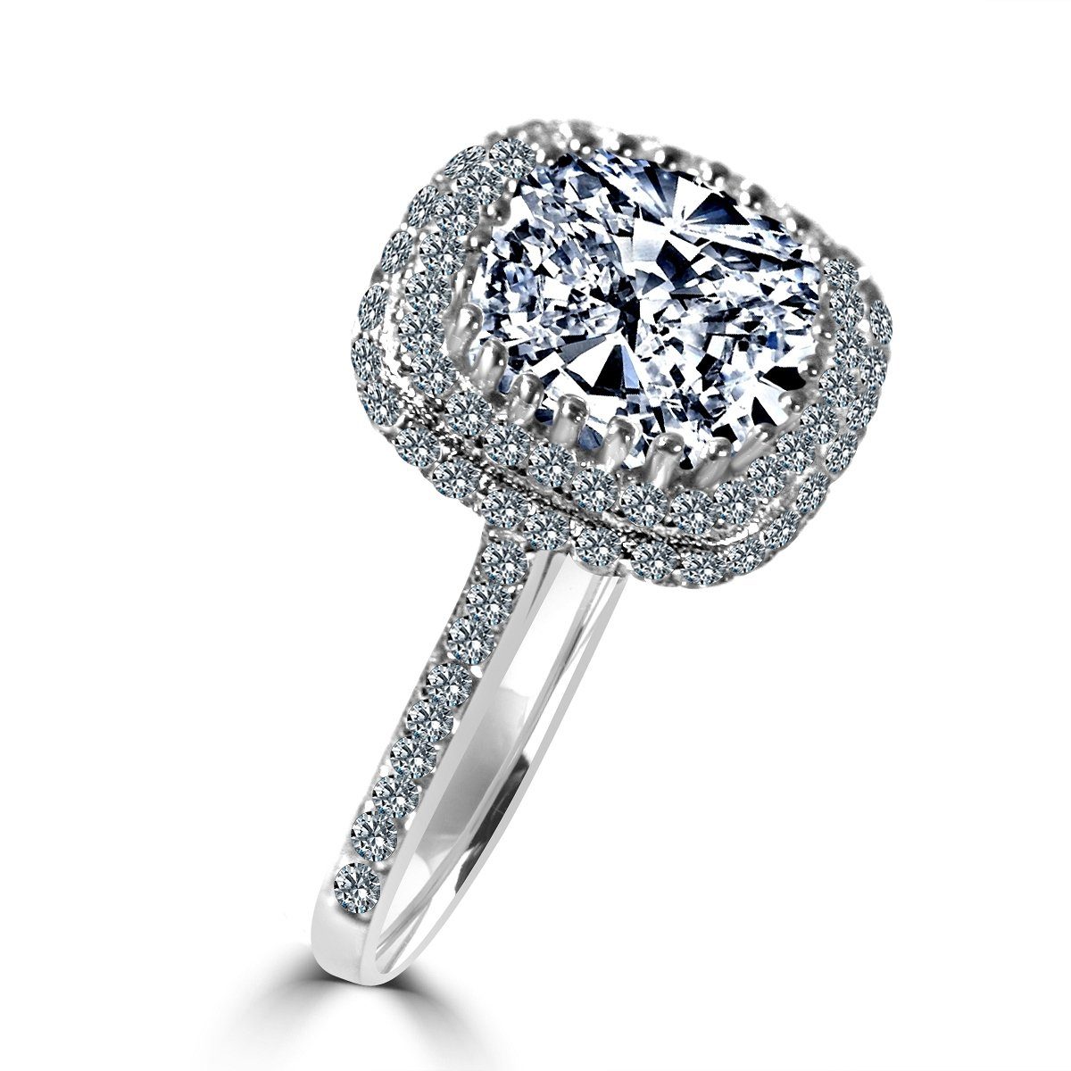 Sterling Silver Platinum Plated 2CT Cushion Cut Cubic Zirconia Halo Ring