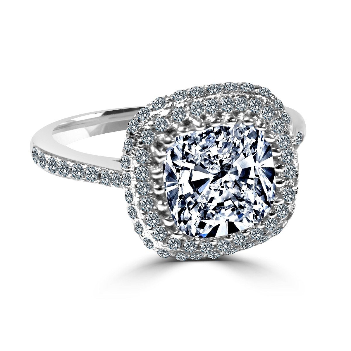 Sterling Silver Platinum Plated 2CT Cushion Cut Cubic Zirconia Halo Ring