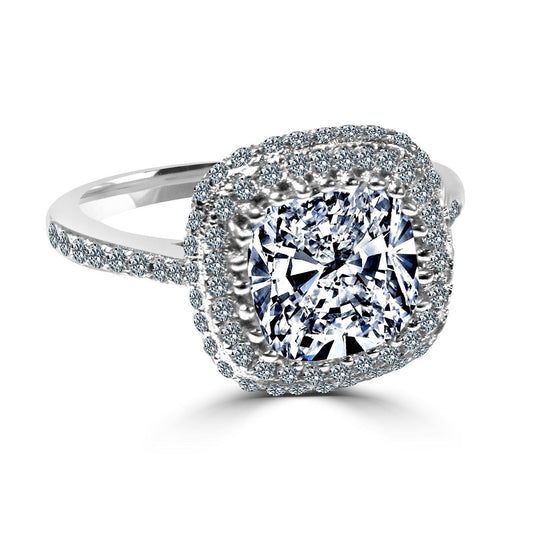 Sterling Silver Platinum Plated 2CT Cushion Cut Cubic Zirconia Halo Ring