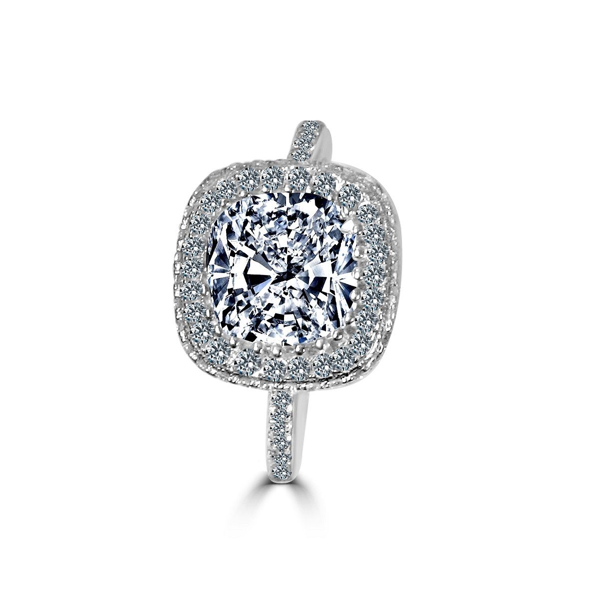 Sterling Silver Platinum Plated 2CT Cushion Cut Cubic Zirconia Halo Ring