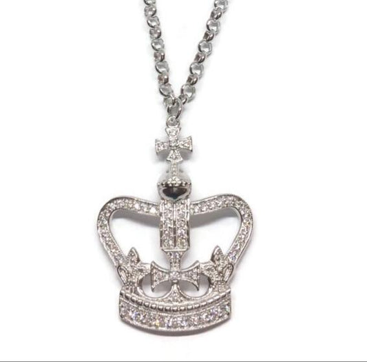Sterling Silver Pave Cubic Zirconia Crown Pendant Necklace