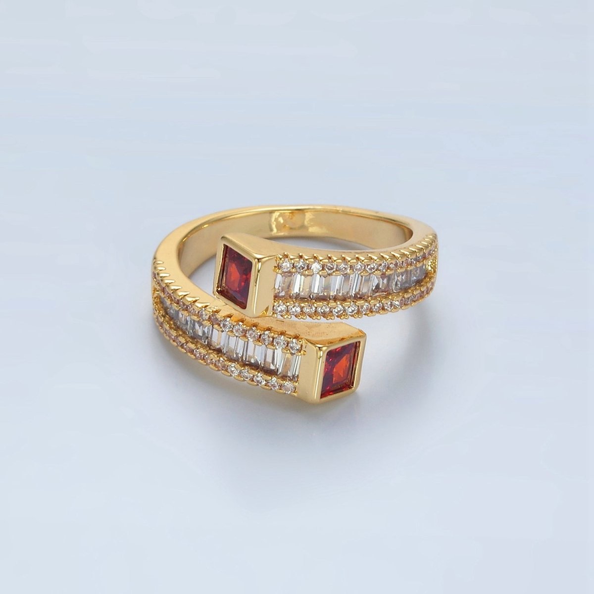 24K God Filled Red or Green CZ Baguette Micro Pave Wrap Ring