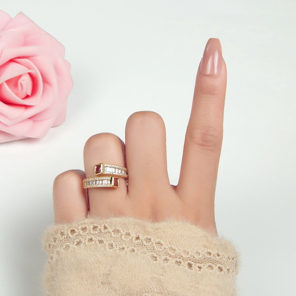 24K God Filled Red or Green CZ Baguette Micro Pave Wrap Ring