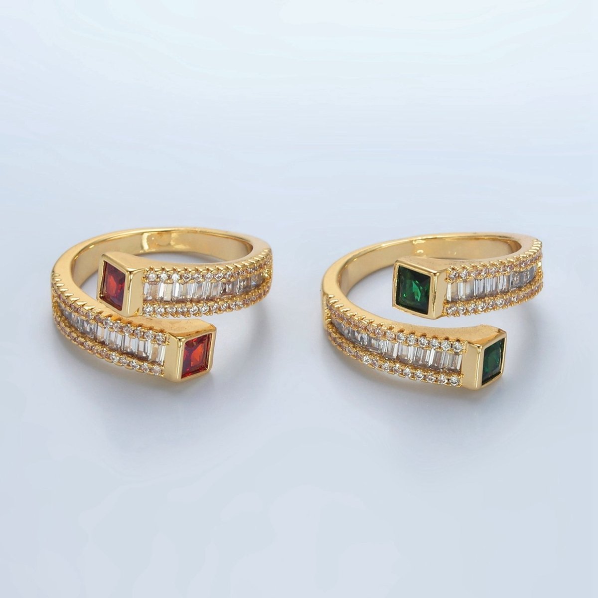 24K God Filled Red or Green CZ Baguette Micro Pave Wrap Ring